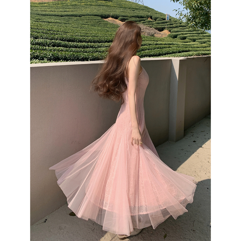 Deng Liuli's Gentle Pink Mesh Spaghetti Strap Dress for Women, Summer Beach Vacation, Large Hem Long Dress, Beach Dress Deng Liuli's Gentle Pink Mesh Spaghetti Strap Dress for Women, Summer Beach Vacation, Large Hem Long Dress, Beach Dress