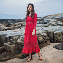 2021 summer new French retro Platycodon grandiflorum long skirt high waist thin temperament red chiffon dress women