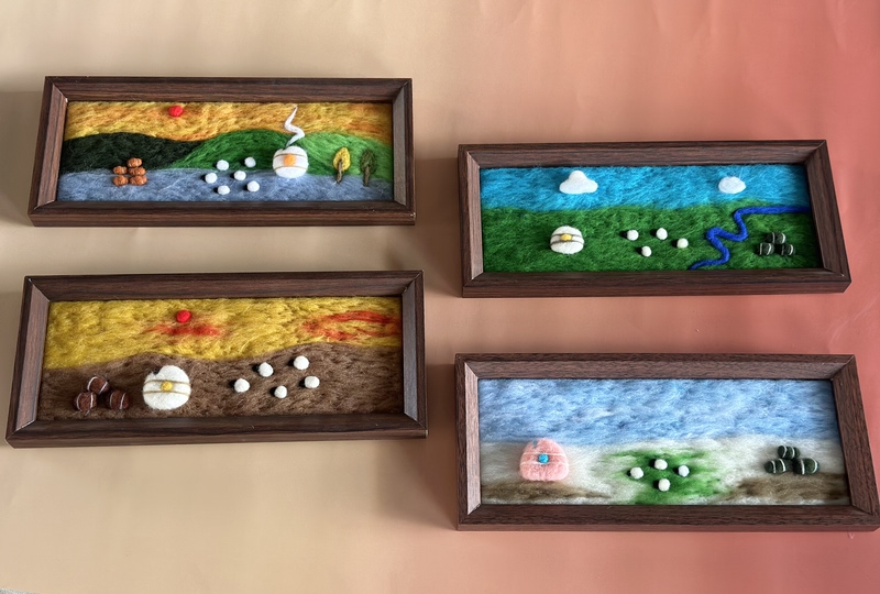 Wool Felt Painting of Grassland Scenery for All Four Seasons: Spring, Summer, Autumn, and Winter. Wool Felt Painting with Frame, Finished Product