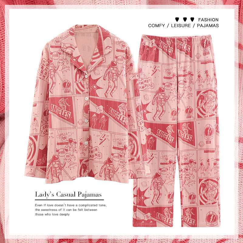 Lapel long-sleeved pajamas women's spring and autumn pure cotton cartoon printing pink loose autumn student home clothes outside wear sweet