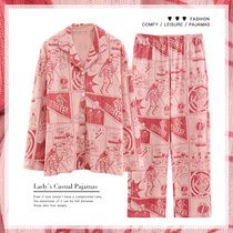 Turn over long sleeves pyjamas womens spring autumn pure cotton cartoon printed pink loose autumn students home clothes wear sweets