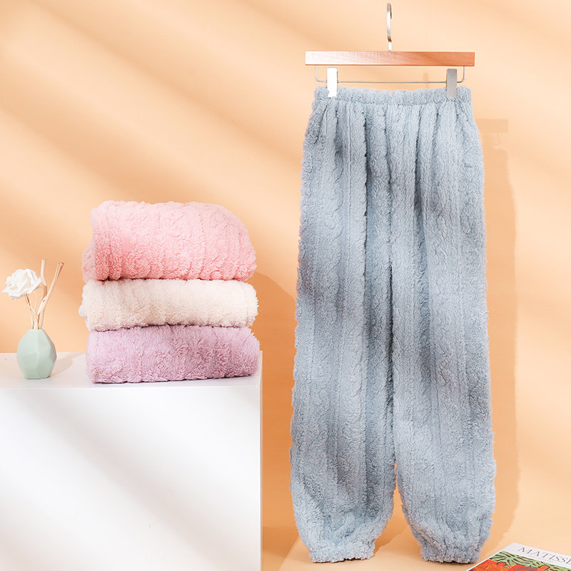 Plush pajamas women's autumn and winter thickened warm trousers plus velvet loose winter coral fleece home pants women's closing
