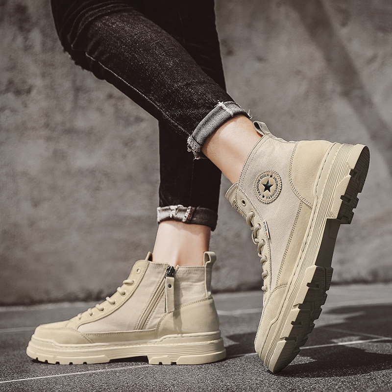 High cylinder Martin boots Men's spring Summer height Canvas Breathable Tide 100 Hitch Mid Barrel Casual Pull Chain Tooling Men's Shoes