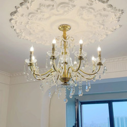 French-Style Pearl Crystal All-Copper Vintage Chandelier, Vintage American and European Style Villa Living Room and Bedroom Chandelier