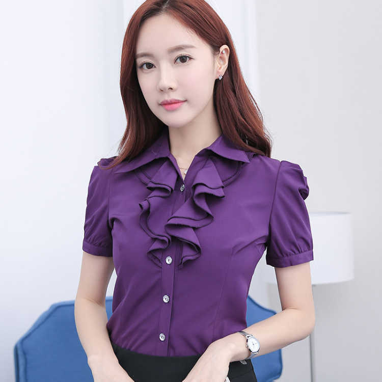 Spring and Summer New Style White Collared Shirt for Women, Short-Sleeved with Ruffled Edges, Professional Slim-Fit Base Shirt, Chiffon Top