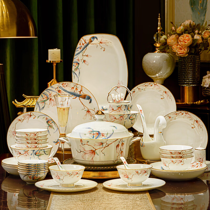 Jingdezhen High-End Tableware Ceramic Bowls and Plates Home Set Bone China Chinese Style Light Luxury Bowls and Plates with a Sense of Sophistication Wedding Gift