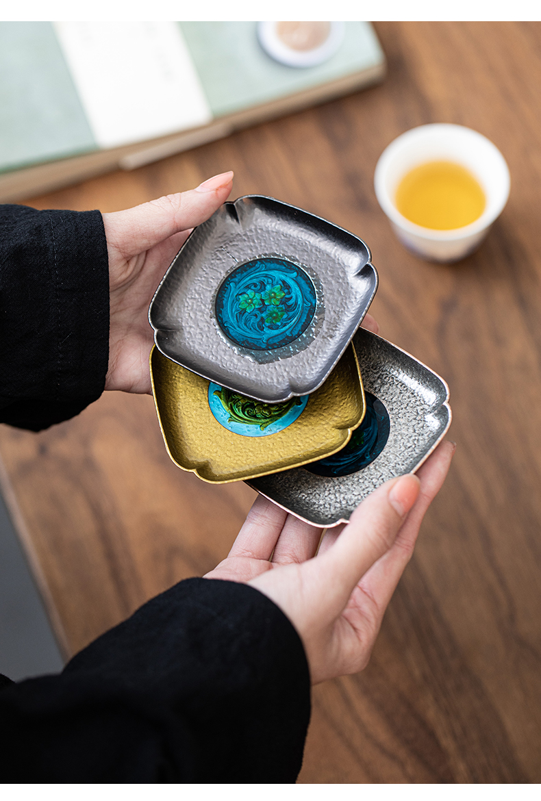 Porcelain heng tong cup mat creative kung fu tea cups hold hand colored enamel resin insulated pad Japanese household tea accessories