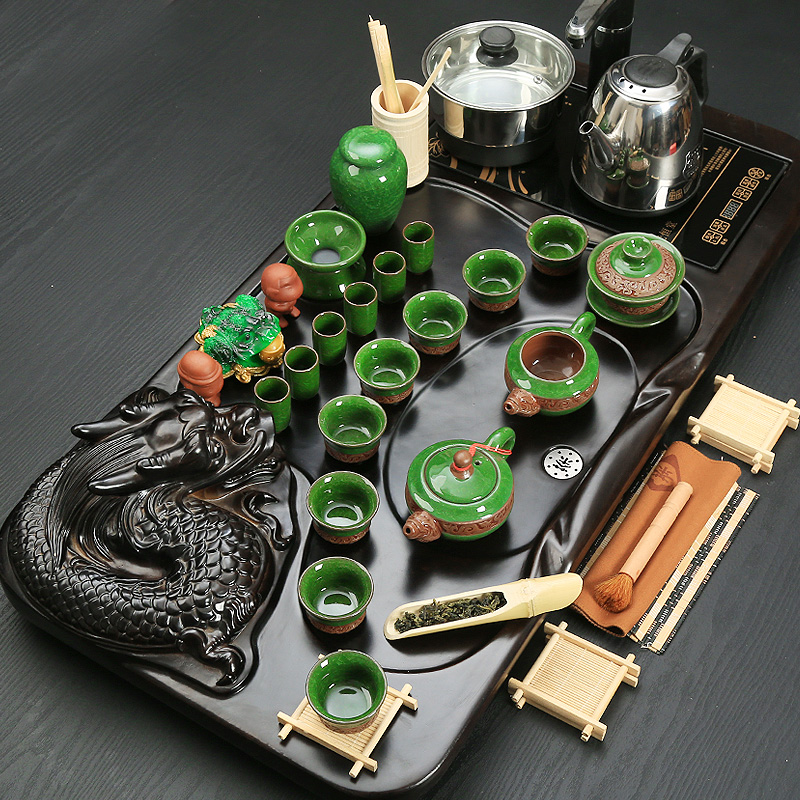 Porcelain heng tong tea set purple sand pottery and Porcelain of a complete set of ice to crack tea kongfu tea tray was four one household contracted
