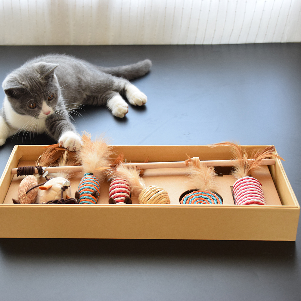 Export toy teasing cat stick 7-piece cat toy pheasant feather teasing cat stick package gift box a complete set of cat toys