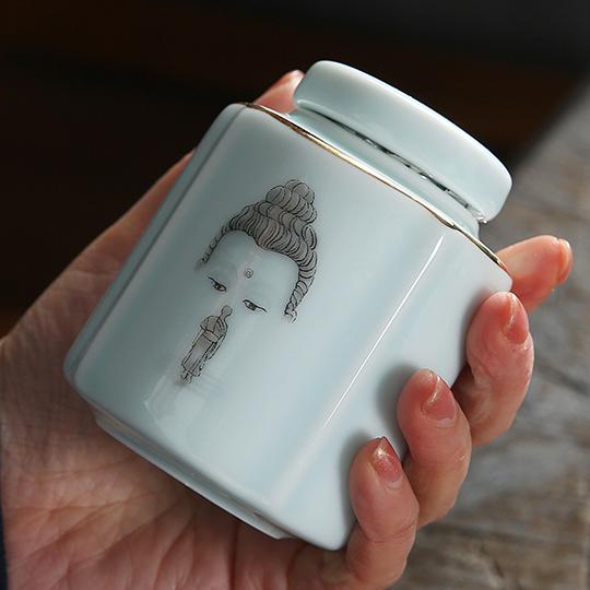 Tea leaf jars small number ceramic sealing tank portable teas box green tea Green Tea Awake Tea Pot Sketching Mini Depository Tea Jar