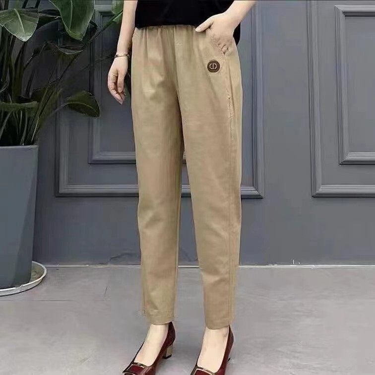 Spring and Autumn Style Pure Cotton High-Waisted Washed Fabric Stretch Anti-Wrinkle Mom Harem Straight-Leg Casual Pants for Middle-Aged and Elderly Women