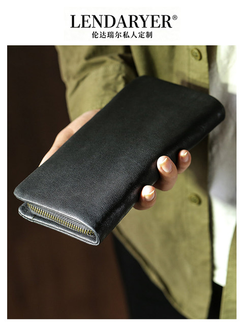 Lendaryer Men's Genuine Leather Zipper Clutch Bag, Long Style, Large Capacity, Fashionable Casual Wallet, Business Travel Clutch Bag