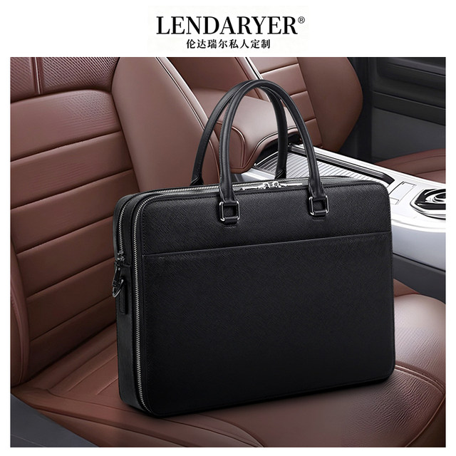 Lendaryer Briefcase Men's Light Luxury Cowhide High-End Horizontal Shoulder Bag Business Travel Large Capacity Handbag