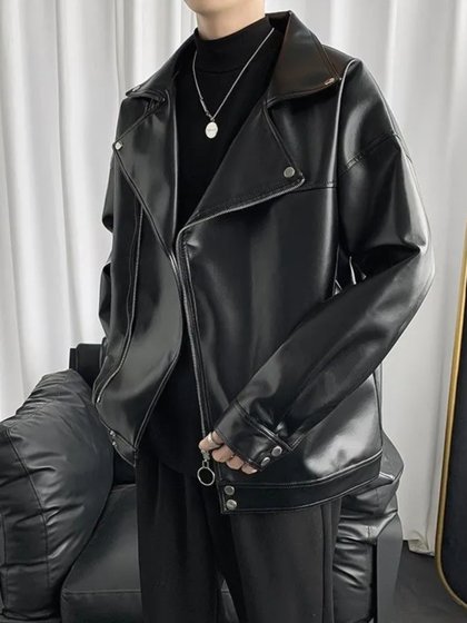 美式复古机车皮衣外套男秋季潮牌斜拉链大翻领短款飞行员皮夹克男