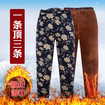 Winter camel hair cotton trousers womens high waist warm trousers outerwear three-layer plus velvet thickened and fat middle-aged and elderly mothers loose pants