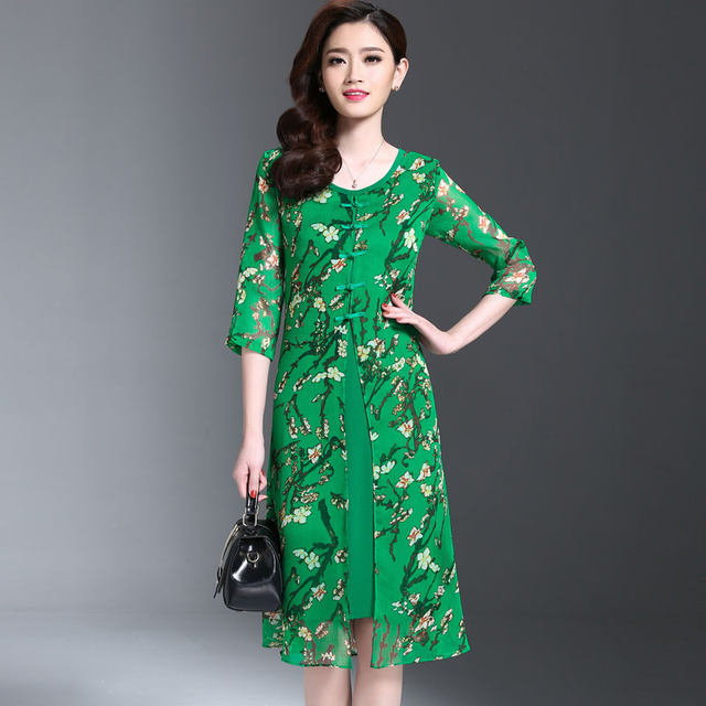 Retro Chinese style floral chiffon dress summer irregular printed three-quarter sleeves round neck plate button mid-length skirt for women