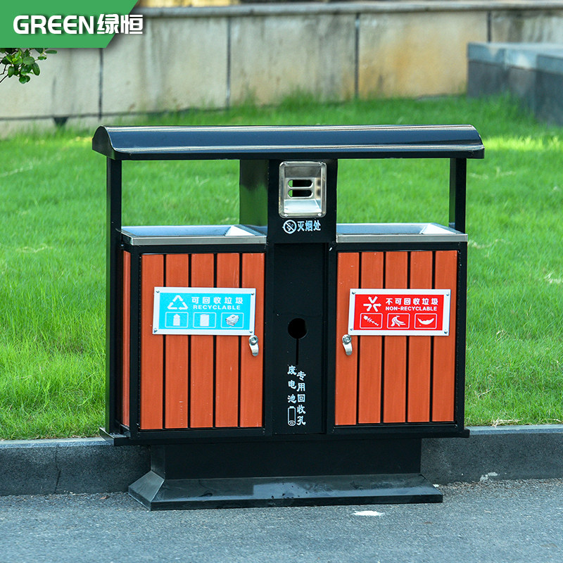 Lvheng outdoor trash can Luxury steel wood fruit box Community park outdoor sanitation anti-corrosion wood trash can