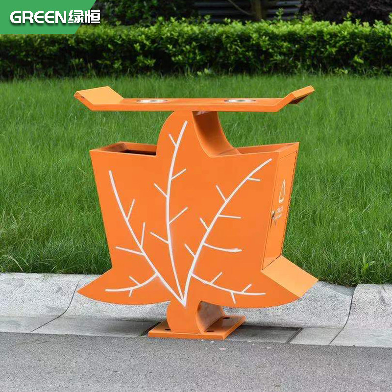 Green Constant Maple Leaf Bucket Outdoor Trash Can Stainless Steel Metal Dustbin Outdoor Cell Property Sanitation Trash Can 
