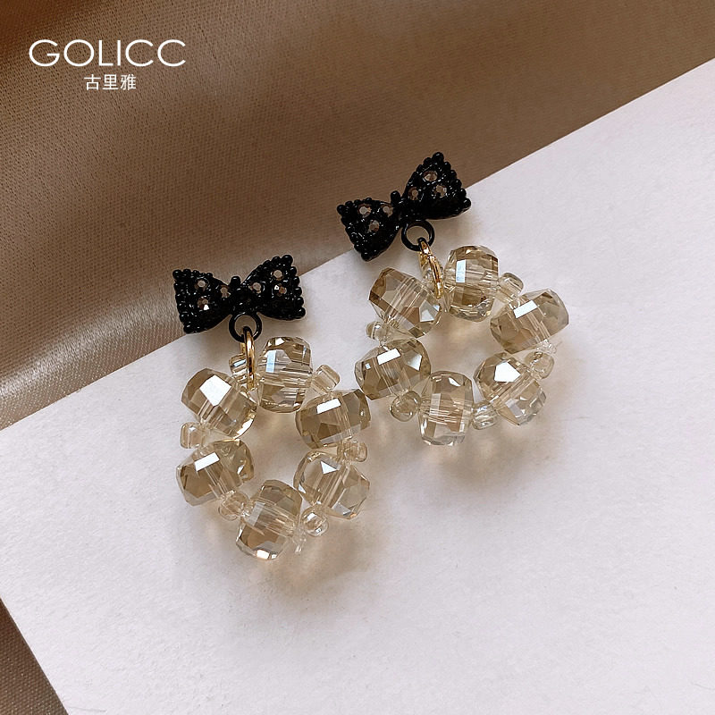 Black Bow Tie Crystal Earrings 2021 New Tide Pure Silver Needle Korea Temperament Earshot Female Autumn Winter Ear