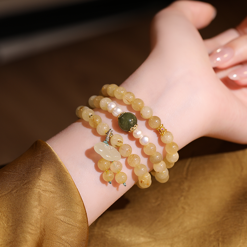 多层叠戴黄水晶手链女祥云锁吊坠串珠2025年新款手串手饰