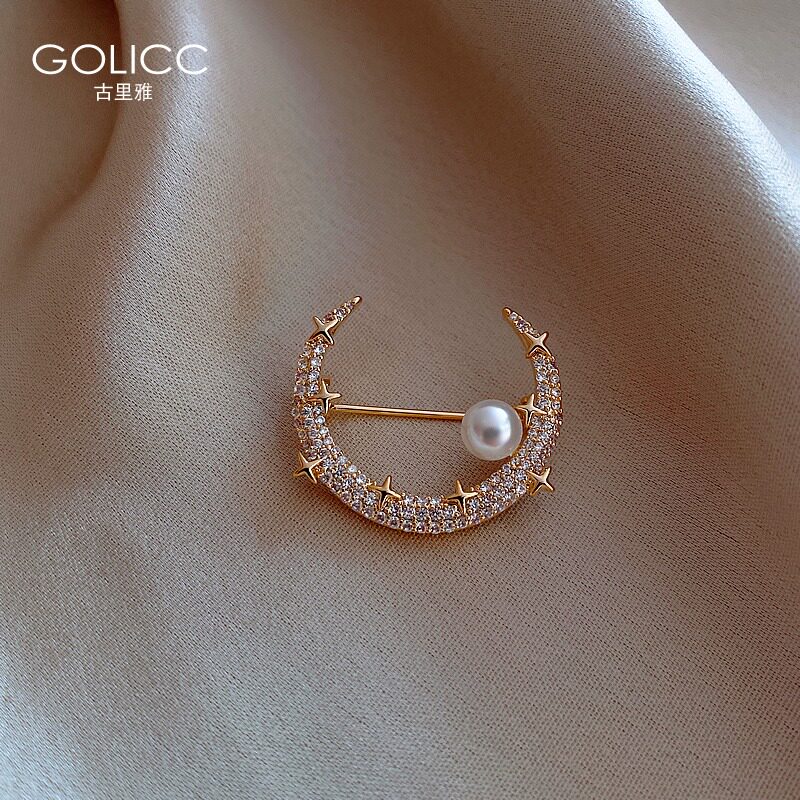 Moon pearl brooch cute Japanese anti-light buckle silk scarf buckle high-grade female pin 2021 new trend summer