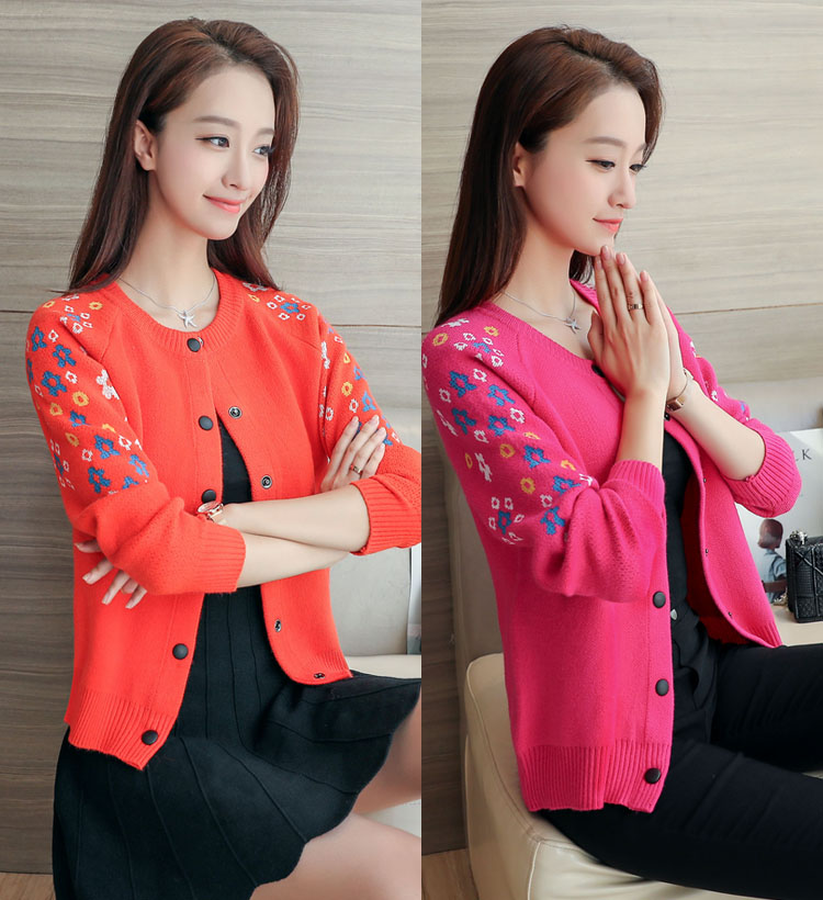 Áo len ngắn nữ mùa xuân và mùa thu mỏng phần bên ngoài áo len nữ trung niên thời trang thêu phụ nữ - Vòng cổ áo len áo len nữ tay lỡ