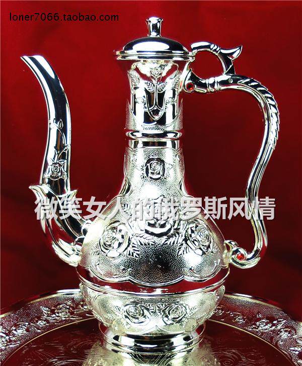 Special price new R2-0 Russian metal round wine jug bright silver rose flower capacity 750 ml 1 cat-half thick