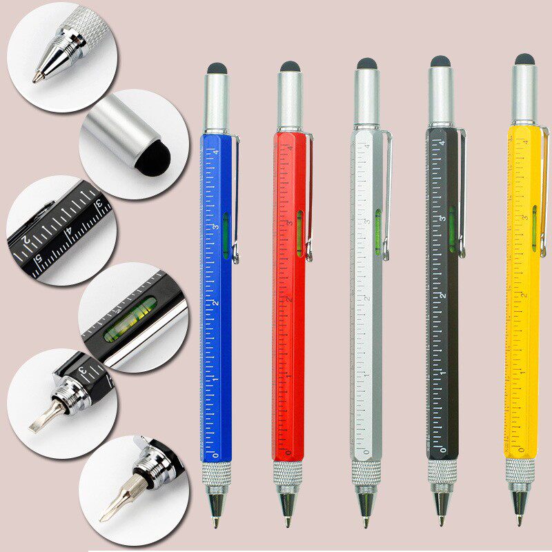 Student Happy Pens Versatile Six-fit Pen Ballpoint Pen with ruler Gradienter Screwdriver Aluminium Pen Rod