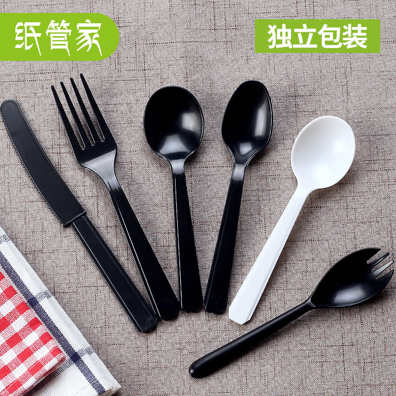 Paper pipe home disposable long handle plastic knife and fork spoon Western food fast food spoon fruit fork delivery soup spoon independent packaging