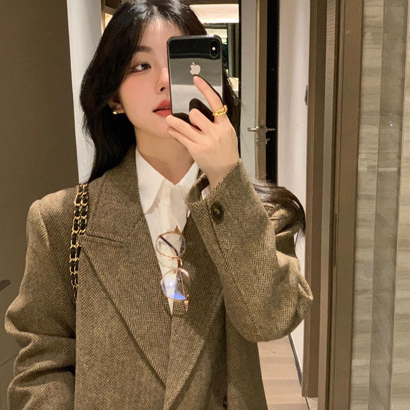 Herringbone Mid-Length Woolen Coat for Women 2024 Autumn and Winter New Korean Style Petite High-End Woolen Coat