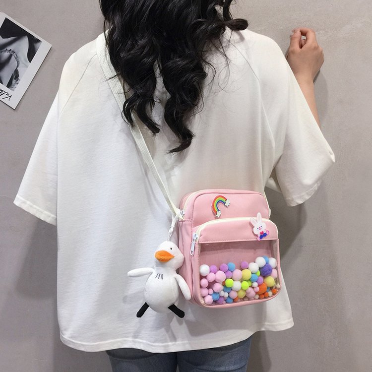 2022 Summer new day ensemble cute with strange personality Colour wool ball transparent packet Soft girl Student Oblique Scapegoat