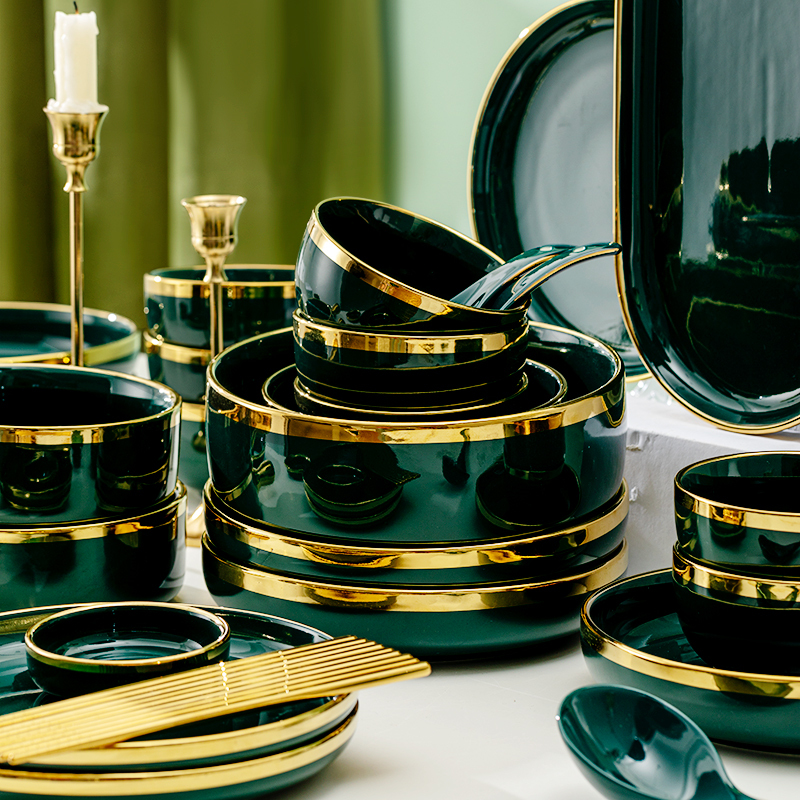 Nordic-Style Light Luxury Creative Emerald Green Ceramic Rice Bowl with Gold Rim, Single-Serving Household Tableware Set