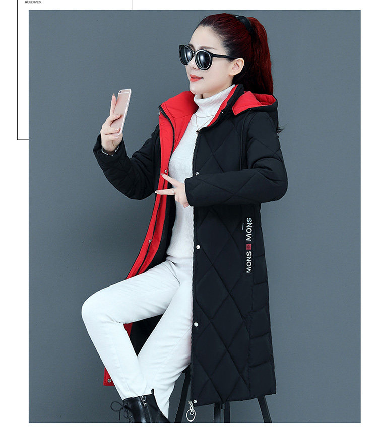 新款撞色棉衣女过膝中长款加厚修身显瘦菱形格大码外套冬详情20
