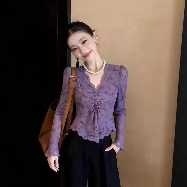 ເສື້ອຢືດຊັ້ນລຸ່ມສີມ່ວງທີ່ມີສີສັນສວຍງາມສຳລັບຜູ້ຍິງ, ຫຼູຫຼາອ່ອນໆ ແລະ ເສື້ອຍືດແຂນຍາວຕົ້ນລະດູໃບໄມ້ປົ່ງໃໝ່ປີ 2026
