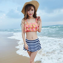 New than the best of the small new Qing Japanese and Korean flat corner skirt split hot spring swimsuit women thin small chest gathering