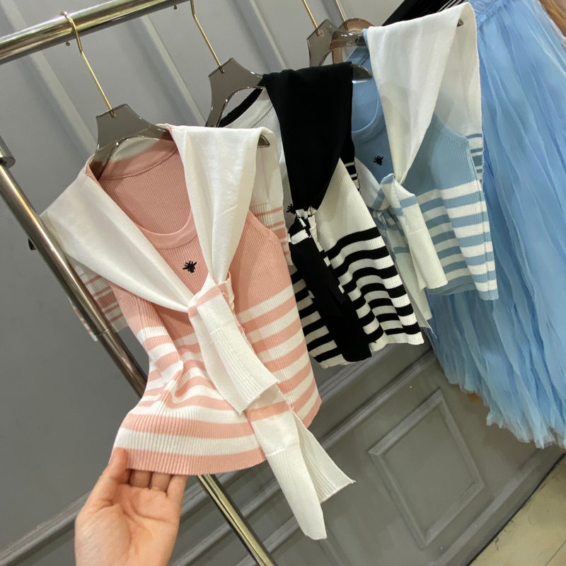 Pure Desire College Style Age-Reducing Navy Shawl with Contrasting Stripes Knitted Vest for Women, Summer Navy Style Shawl Slimming Top Pure Desire College Style Age-Reducing Navy Shawl with Contrasting Stripes Knitted Vest for Women, Summer Navy Style Shawl Slimming Top