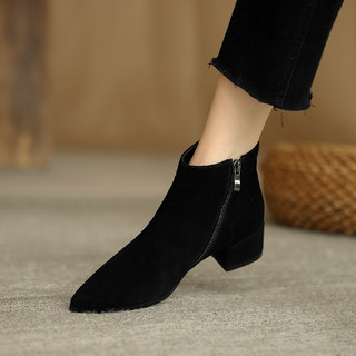 Pointed Toe Ankle Boots, Matte Genuine Leather, Low-Cut Black Commuting Boots, Large Size Women's Boots, Size 41, Medium Heel, Size 43, Chunky Heel Short Boots for Women