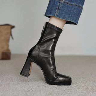 粗跟瘦瘦靴法式秋冬靴子厚底弹力靴防水台高跟鞋方头高跟短靴女