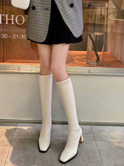 Long Boots for Women 2024 New Style High-Heeled Boots French Elastic Slim Boots Thick-Heeled High Boots Square-Toe Riding Boots