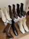 Autumn and Winter Boots, Thick-Heeled French-Style Elastic Slim Boots, Genuine Leather Women's Shoes, Medium-Heeled Large Size Women's Boots, Square-Toe High-Heeled Short Boots for Women