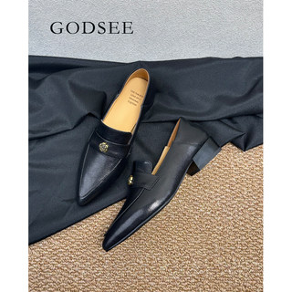 Godsee First-Layer Sheepskin 3cm Thick Heel Loafers for Women, Black Camellia Low-Heeled Leather Shoes, Pointed-Toe Flats for Women