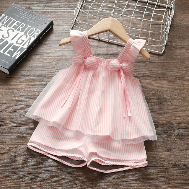 Western-style baby children's clothing summer female baby vest suit 1-4 years old summer clothing 2 girls suspender skirt chiffon two-piece set