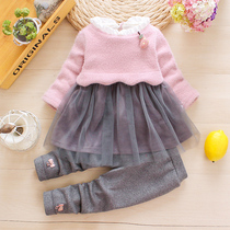 Super foreign style girls  autumn and winter clothes Female baby velvet suit 1 baby thickened clothes 3-year-old princess autumn two-piece set