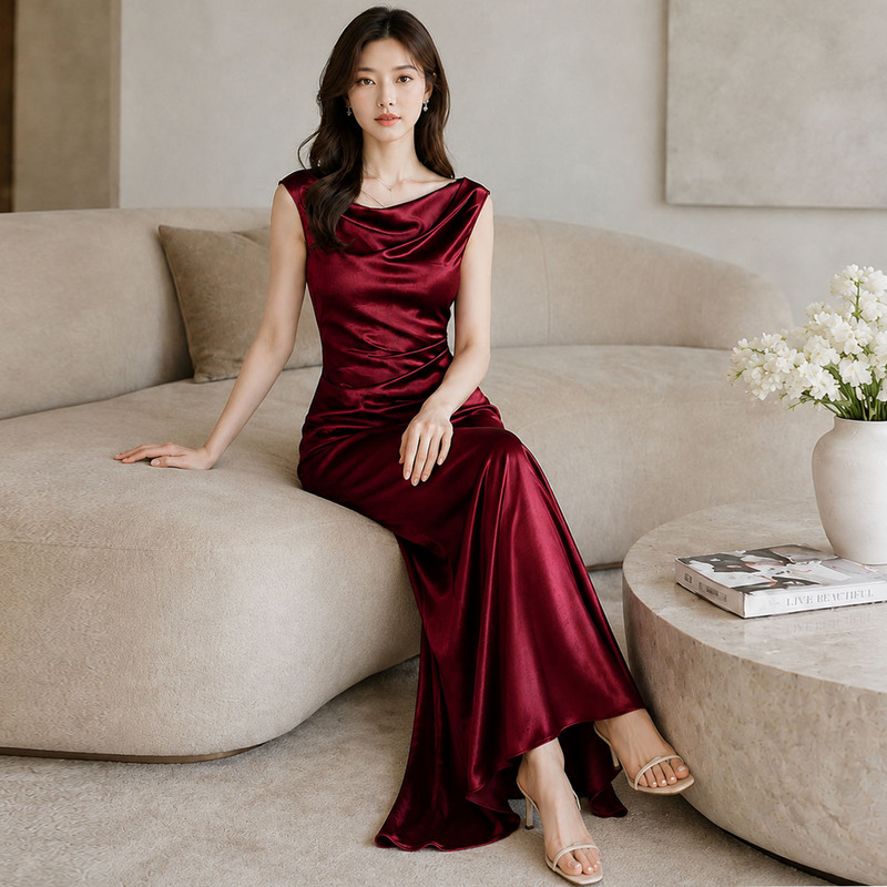 French-Style Light Luxury High-End Triacetate Satin Scoop-Neck Dress for Women, Suitable for Socialites, Banquet Hosts, and Bridesmaids