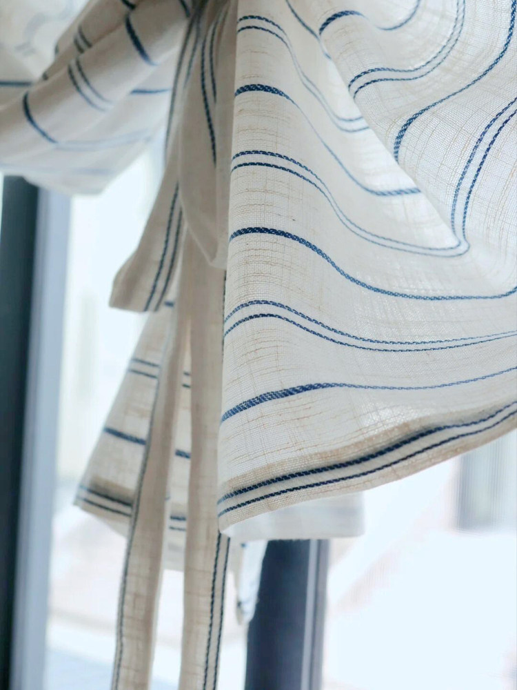 Blue Stripe Linen Blend Tie-Up Roman Shade Curtain