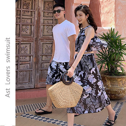 Ruffled couple swimsuit women's three-piece set split skirt type small chest mm breast gather summer men's beach pants
