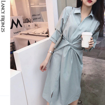 Lanpose 2022 new summer advanced sensational style cast-down shirt blue Temperament Fairy slim fit dress Children