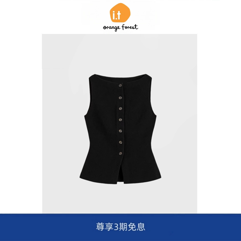 [in Stock] It Orange Forest Slim-Fit Knitted Button Vest Black Spring Sleeveless Knitwear
