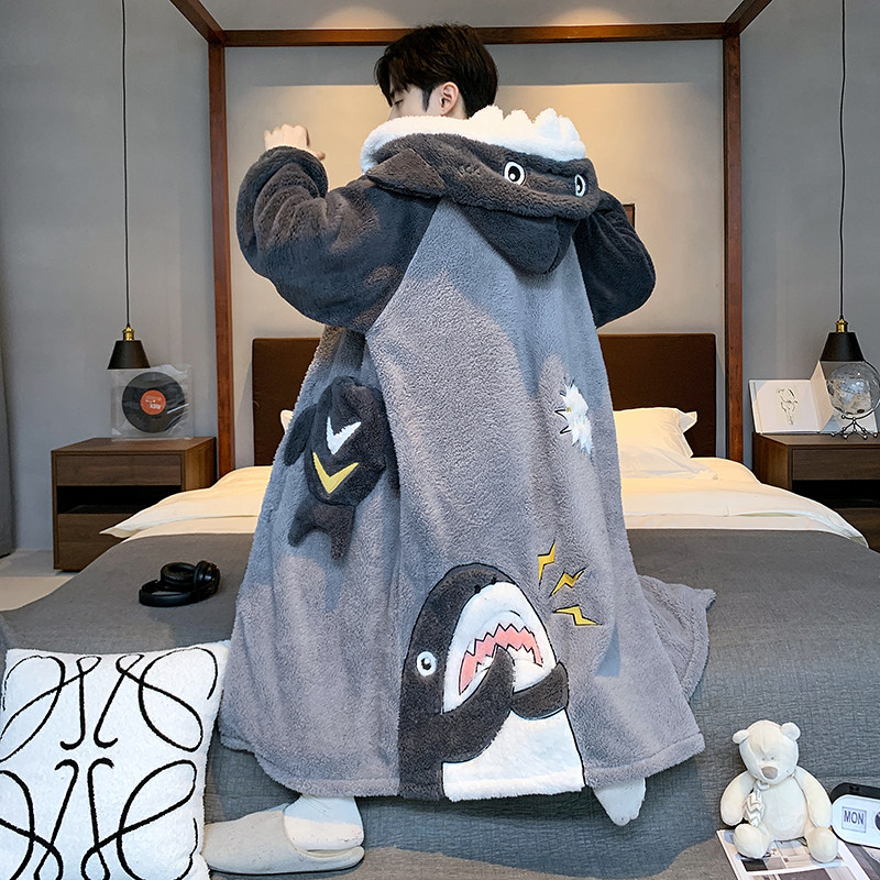 Coral Suede Men Sleeping Robes Autumn Winter Thicken Plus Suede Pyjamas Teen Long Bath Robes Winter Shark's Residence Dress-Taobao