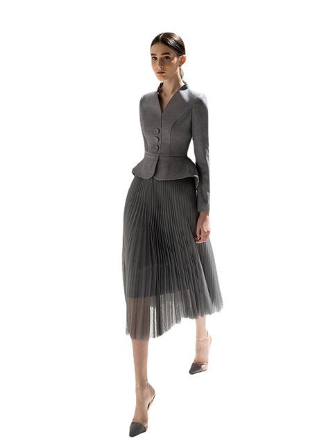 2022 Vietnamese niche brand new OL commuter gray suit jacket high waist pleated skirt suit female autumn and winter